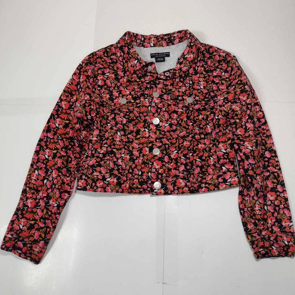 Social Standard Girls Black and Pink Floral Jean Jacket Size L (10/12)